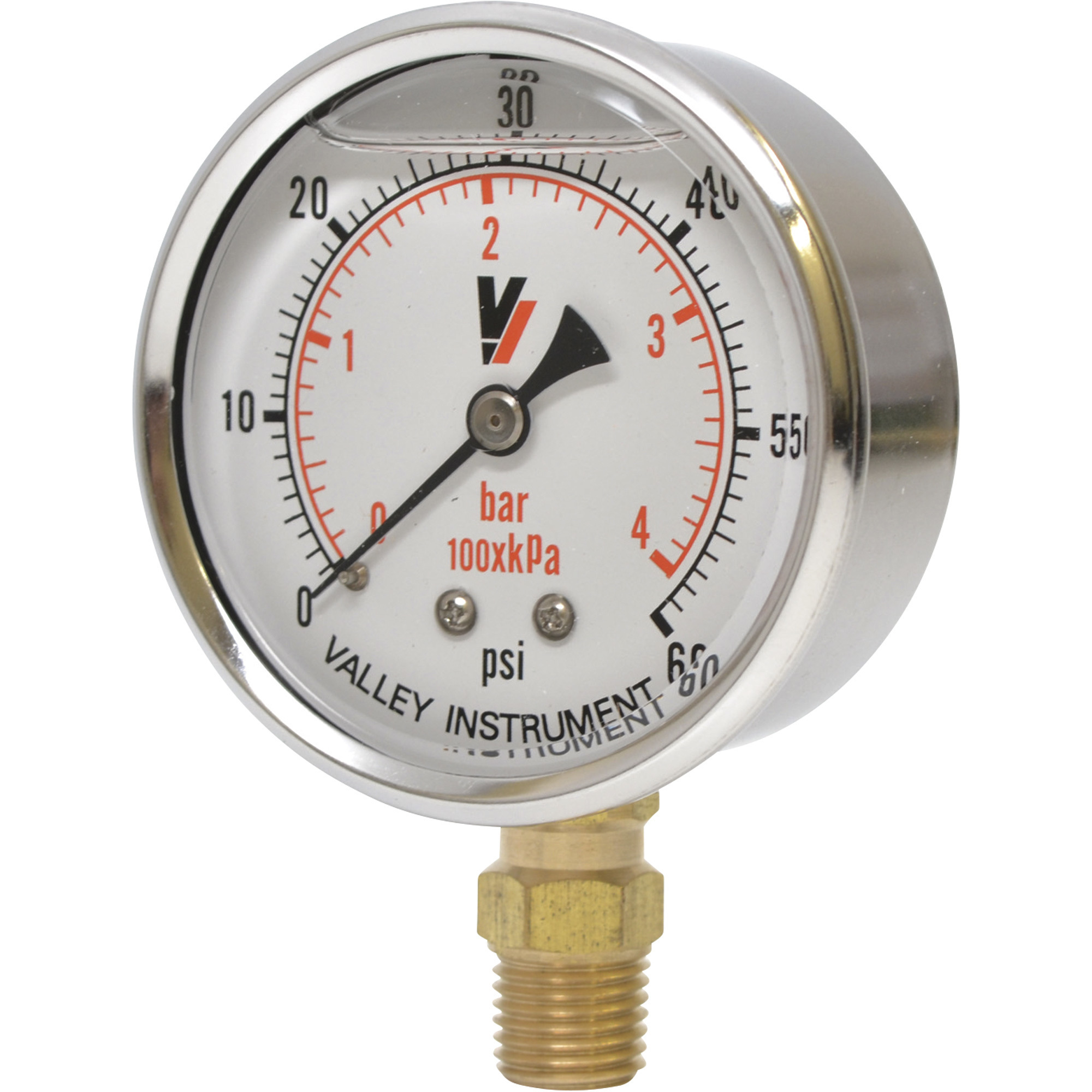 Valley Industries, 2.5in. Bottom Mt Gauge 60PSI, Case Material Stainless Steel, Min. Operating Pressure 0 PSI, Max. Operating Pressure 60 PSI, Model# 2140GXB60